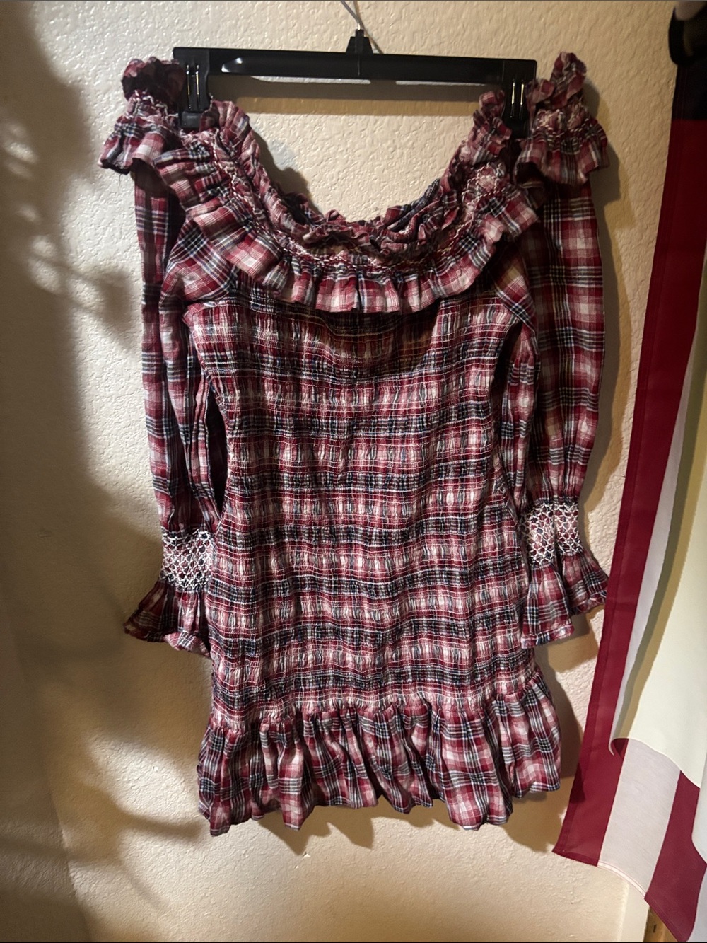 Pilcro Red Plaid Off-Shoulder Ruffle Mini Dress - Picture 2 of 3
